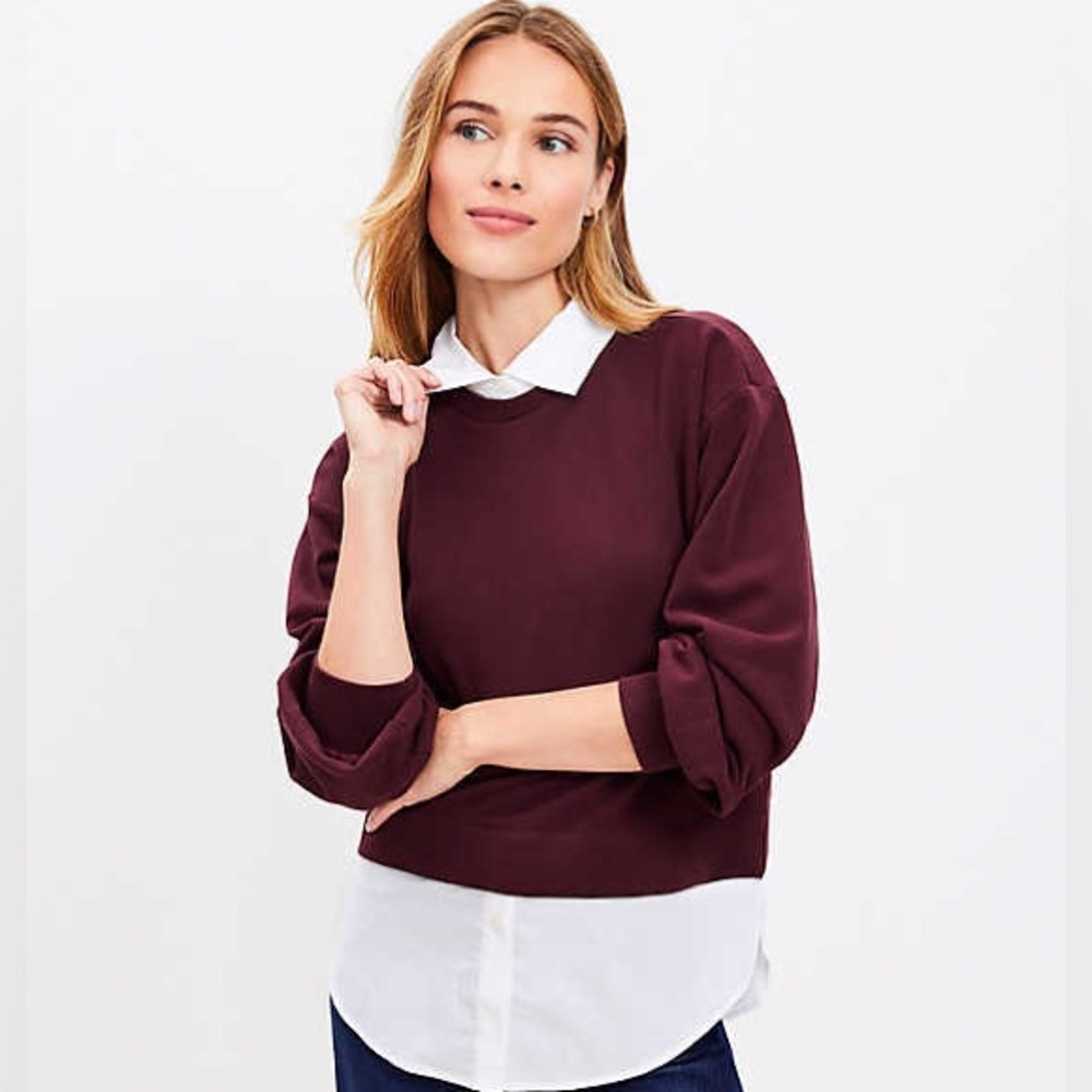NWT LOFT Layered Look Sweatshirt Maroon with White Collar Shirt Women’s Small